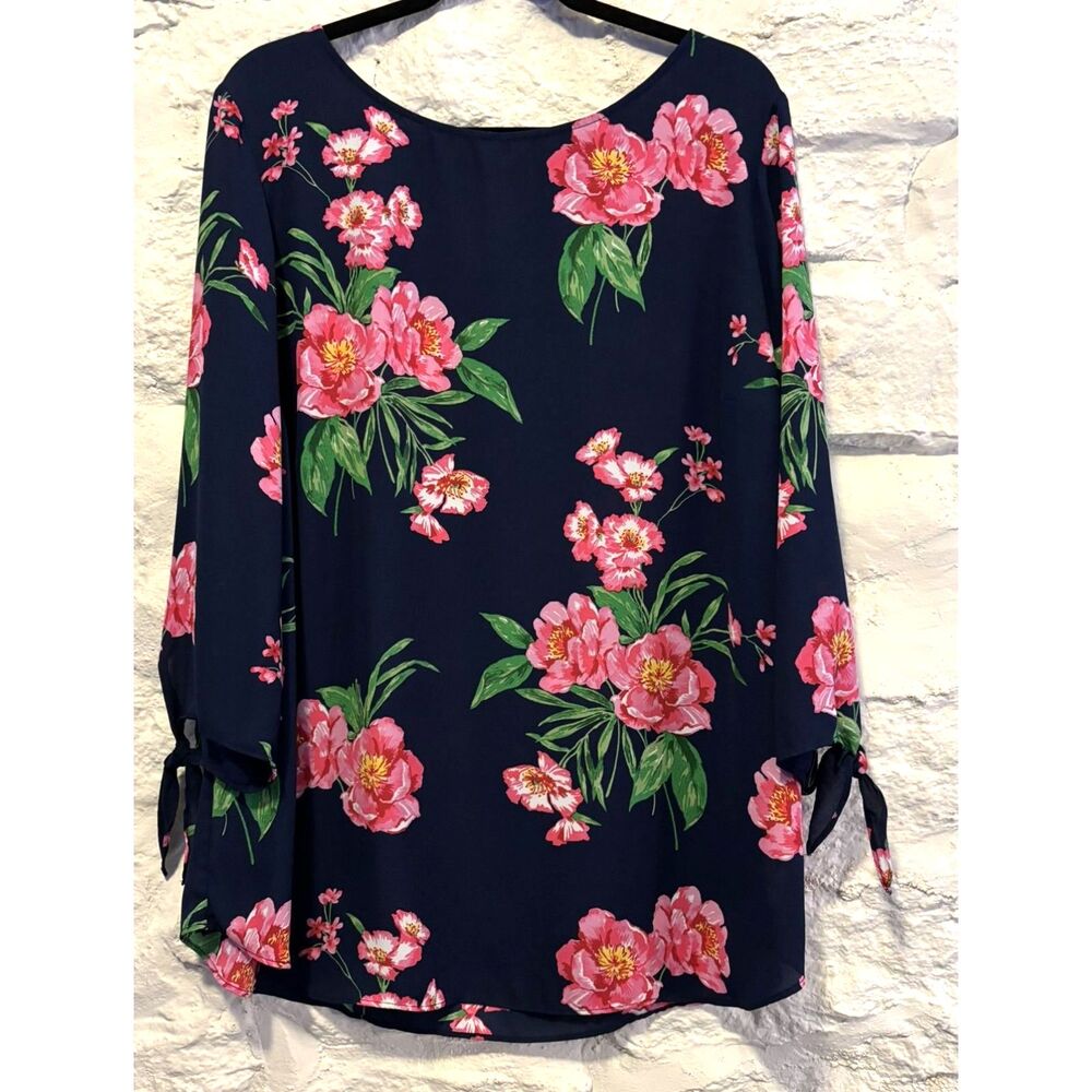 Talbots Plus Factory Floral Navy Flowing Tunic Top Tie Cuffs Bracelet Length 2XL